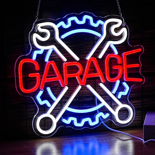 Image of Garage Neon Sign Gear Wrench LED Light Up Sign for Wall Decor USB Check Engine Neon Light for Car Repair Shop Man Cave Gift for Dad Boys(12.6 * 14.5 In)
