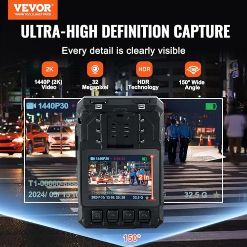 Image of VEVOR 1440P HD Police Body Camera, 128GB Body Cam with Audio Video Recording Picture, Built-in 3500 mAh Battery, 2.0 inch LCD, Infrared Night Vision, Waterproof GPS Personal Body Cam for Law Enforcement