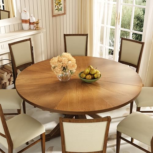 Image of 59 inch Solid Wood Round Dining Table for 6-8, Wooden Trestle Pedestal Base, Rustic Round Dining Room Table for Home Dining Room, Kitchen, Living Room