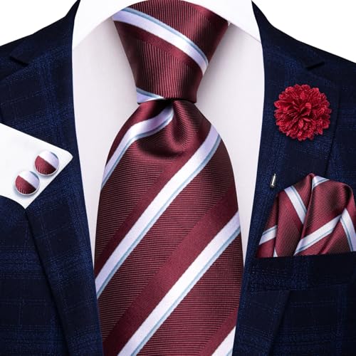 Image of Hi-Tie Men Silk Ties Set with Flower Lapel Pin Necktie Pocket Square Cufflinks for Tuxedo Wedding Business