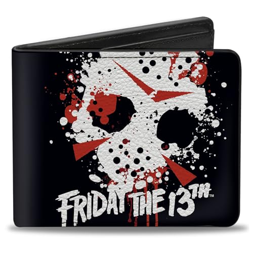Buckle-Down Men's Horror Movies Wallet, Bifold, Friday The 13th Jason Mask Splatter Black White Red, Vegan Leather, 4.0