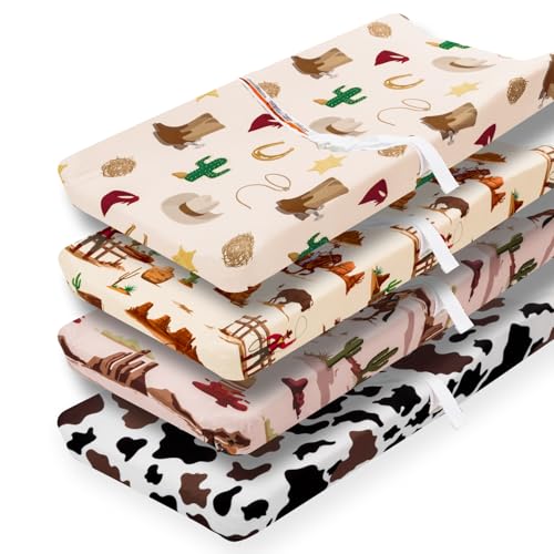 Image of 4 Pack Western Cowboy Crib Sheets Neutral Breathable Fitted Baby Sheets Nursery Sheets for Baby Boys or Girls (Changing Pad Cover)