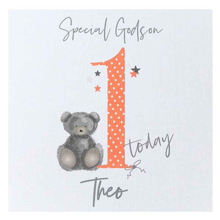 Personalised 1st Birthday Card for Baby Boy - Handmade One Today Teddy Bear Birthday Card for Son, Grandson, Nephew, Godson - Orange - Size 15 x 15cm