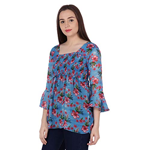 Image of POPWINGS Printed Chiffon Peplum Tops for Women || 3 /4th Sleeves Square Neck Women Tops for Summer || Stylish Western Smocking Women Tops