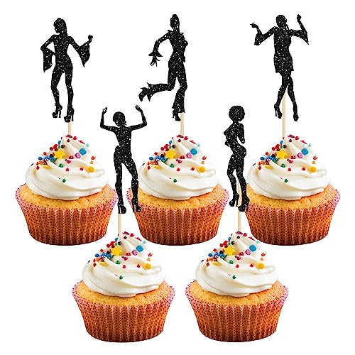 24Pcs 70's Disco Cupcake Toppers Black Glitter Dancing Picks 80's Dancer Cake Decorations for Music Theme Wedding Men Women Birthday Party Supplies