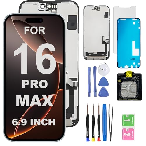 HQESTARX for iPhone 16 Pro Max Screen Replacement.6.9 Inch LCD Display. 3D Touch LCD digitizer Assembly for A3084 A3295 A3296 A3297 with Repair ToolsLens Cap Waterproof Membrane