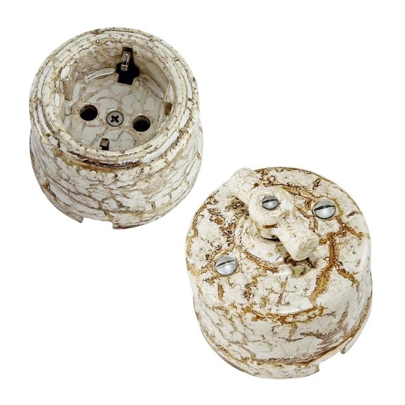 Rotary Vintage Porcelain Light Switch and Ceramic Wall Germany Socket Outlet with Earthing(Black)