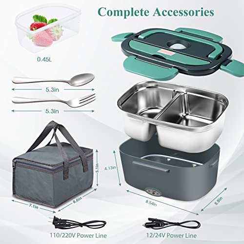 Kabbas Electric Lunch Box Food Heater With 2 Compartments 70W Leakproof Portable Food Warmer Lunch Box For Adults Car Truck Work, 12/24V&110V Self Heating Lunch Box With 1.5L Removable Container #TOP5