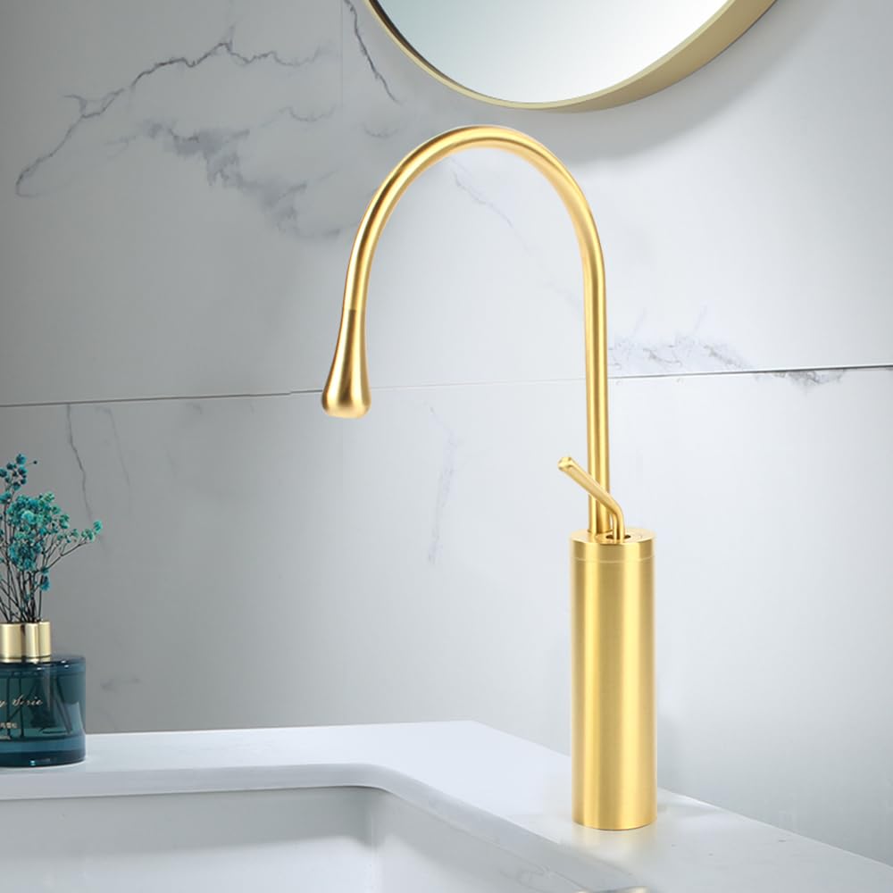 Grifo alto dorado para lavabo de baño, monomando de diseño dorado, con caño giratorio 360°, grifo, grifo mezclador para lavabo, cepillado