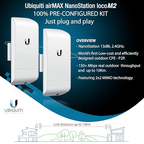 Wireless Bridge Ubiquiti LOCOM2 PRE-CONFIGURADO, Paquete de 2 Ubiquiti Nanostation LOCO M2, Puente WiFi exterior Punto a Punto, Plug and Play 2.4GHz, 150+Mbps, Alcance link 10+km, Puente de red miniatura 2