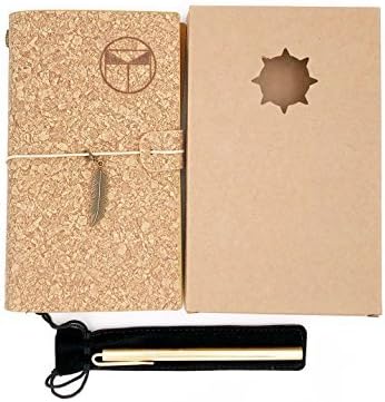 Notebook Faux Leather Cover Refillable Journal, PVC Card Sleeve, Zipper Pouch, Blank & Kraft Paper, Cork Leather Notepad Size 7.6'' x 4.7'', HOY Travel Diary (Light Brown with Gift Box)