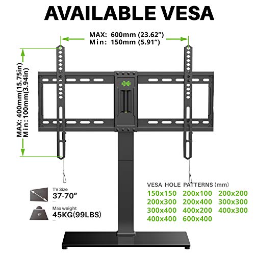 USX MOUNT Swivel Universal TV Stand/Base Table Top for Most 37-70inch LCD TVs-Height Adjustable TV Stand with Tempered Glass Base and Cable Management, Holds up to 99lbs, VESA up to 600X400mm