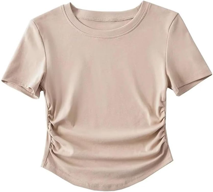 Women's Crew Neck Cotton Side Ruffle Short Sleeves