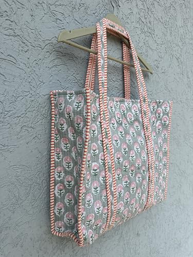 Image of Quilted Cotton Hand printed Reversible Large multicolor cotton Tote Bag,Indian Handmade Block Printed Tote Bag Women Handbag