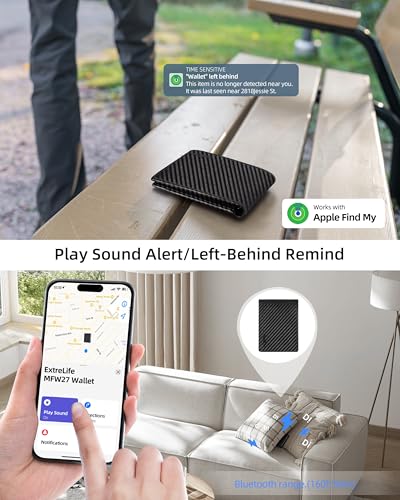 Image of Wallet for Men, Built-in Bluetooth Tracker with Apple Find My (iOS Only), RFID Blocking Bifold Mens Air Tag Wallet with GPS Tracker, Rechargeable Wallets Finder, Gift for Him, Carbon Weave
