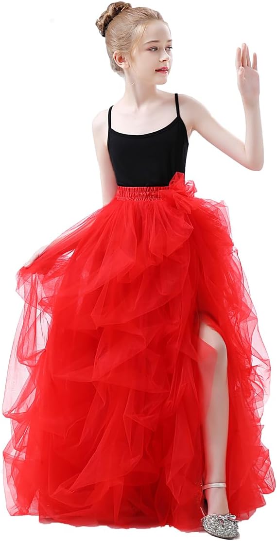 Qmker Girls Long Tutu Skirts Princess Slit Dress Candy Color Tulle Maxi Floor Length for Birthdany Party Handmade (4,Red)