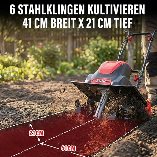 MZK Bodenhacke im Einsatz bei der Beetvorbereitung im Gemüsegarten. - Detailansicht von MZK Elektrische Bodenhacke mit...