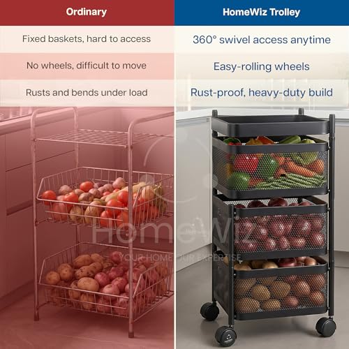 Image of HomeWiz Square Kitchen Rack 3- Layer | Lifetime Usage Heavy Duty Steel Trolley | Kitchen Storage | Onion Potato Rack For Kitchen | Multipurpose Storage Rack for Fruits & Vegetables | Rust-Free Forever