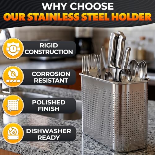Image of Large 2-Compartment Chopstick Holder for Dishwasher, Stainless Steel Basket | Perforated dishwasher chopstick basket and utensil caddy for straws, teaspoons, small tools, 2 compartments with hooks