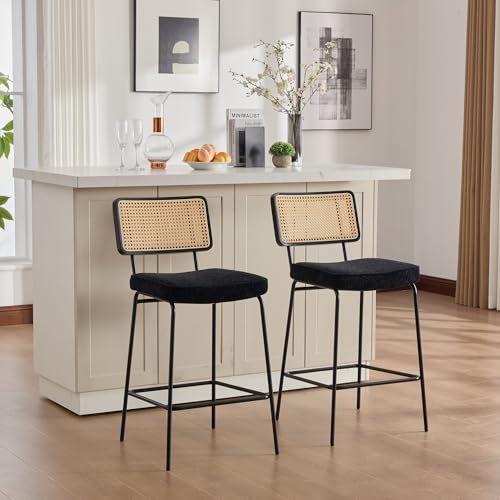 staronce Lot de 2 tabourets de bar avec dossier en rotin, tissu chenille rembourré, chaise de bar confortable pour comptoir de cuisine, salle à manger, pieds...