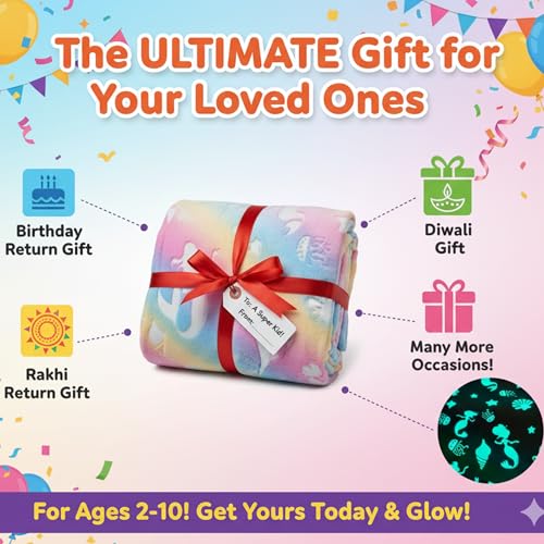 Image of Glow-in-the-Night Queen Size Blanket | AC-Friendly Mermaid Design | Lightweight All-Season Soft Fleece for Kids & Adults [200 x 152 cm] | Travel-Friendly for Flight & Train | Multicolor