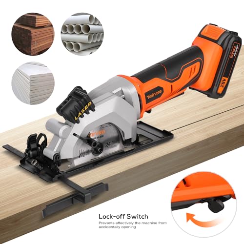 Image of Yunirvana Mini Circular Saw, 20V 3400RPM Professional Cordless Circular Saw, Adjustable Angle and Depth,Max Cutting Depth 1-11 /16 inch(90), 1-1 /8 inch(45), Laser Guide, Rip Guide