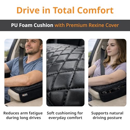 Image of FOVERA Car Armrest Pad PU Foam Cushion with Premium Rexine Cover for Comfortable Driving | Ergonomic Center Console Armrest Support for Cars | Soft & Durable Padding for Long Drives, Black