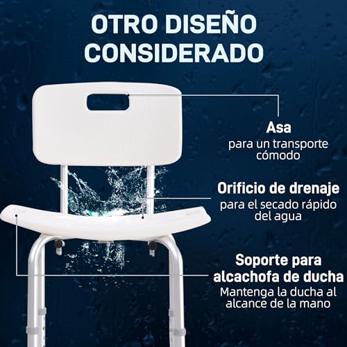 HOMCOM Silla para Ducha Personas Mayores Taburete de Ducha con Altura Ajustable en 8 Niveles Respaldo y Alfombrillas Antideslizante Ayuda para Baño para Ancianos y Discapacitados - imagen 8