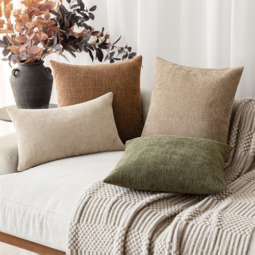 Image of Foindtower Set of 2 Textured Chenille Throw Decorative Pillow Covers Square Accent Solid Cushion Cover Neutral Farmhouse Lumbar Pillow Case for Couch Sofa Bedroom Living Room 12x20 Inch,Cream Camel