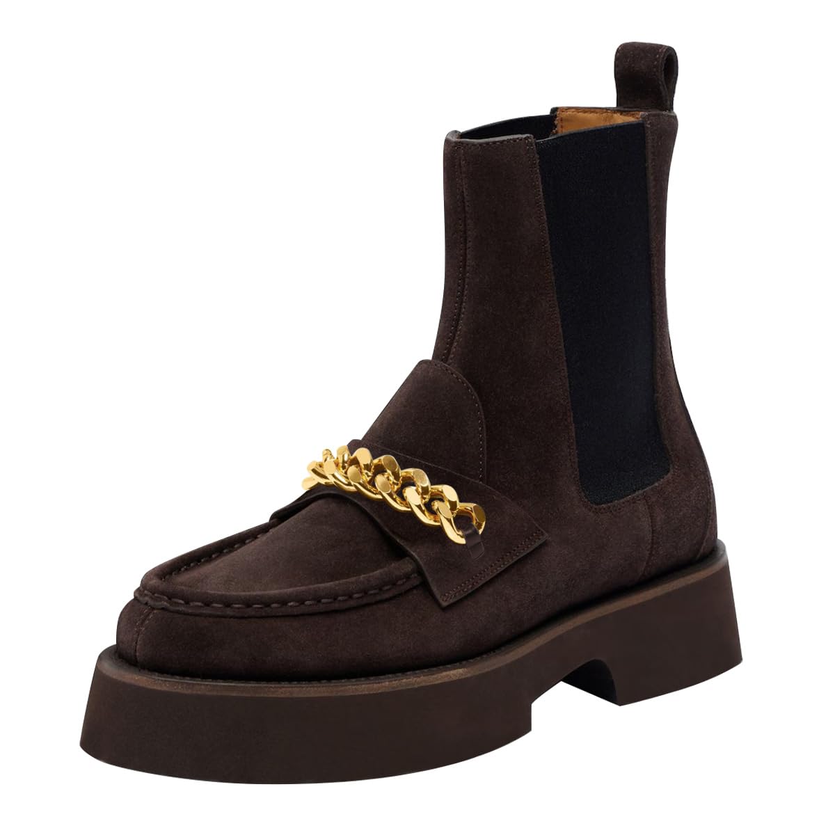 FOWT Women Platform Round Toe Ankle Boots Chunky Block Low Heel Short Booties Chain Pull on Daily Outfit