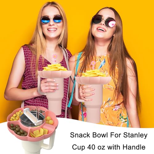 Meritpick Snack Bowl for Stanley 40 oz Tumbler with Handle, Snack Tray for Stanley Cup 40 oz, Reusable Snack Ring & Finger Chopsticks & Straw Cover Cap for Stanley Cup Accessories (Pink)