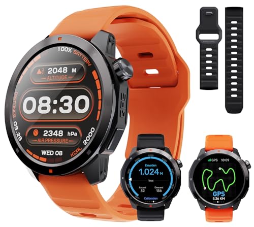 Image of AOLON GPS Smart Watch for Men, 1.43'' AMOLED Smartwatch with Compass /Barometer /Altimeter, Heart Rate /Sleep Monitor, 30M Waterproof, 60+ Sports Fitness Tracker for Android /iOS, Black & Orange (2 Bands)