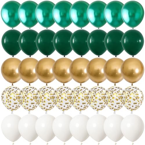 Image of Metallic Green Gold Balloons, 60 Packs 12 Inch Dark Green White Gold Latex Balloons with Ribbons for Wedding, Anniversary, Birthday, Baby Shower, Jungle Sarfari Party