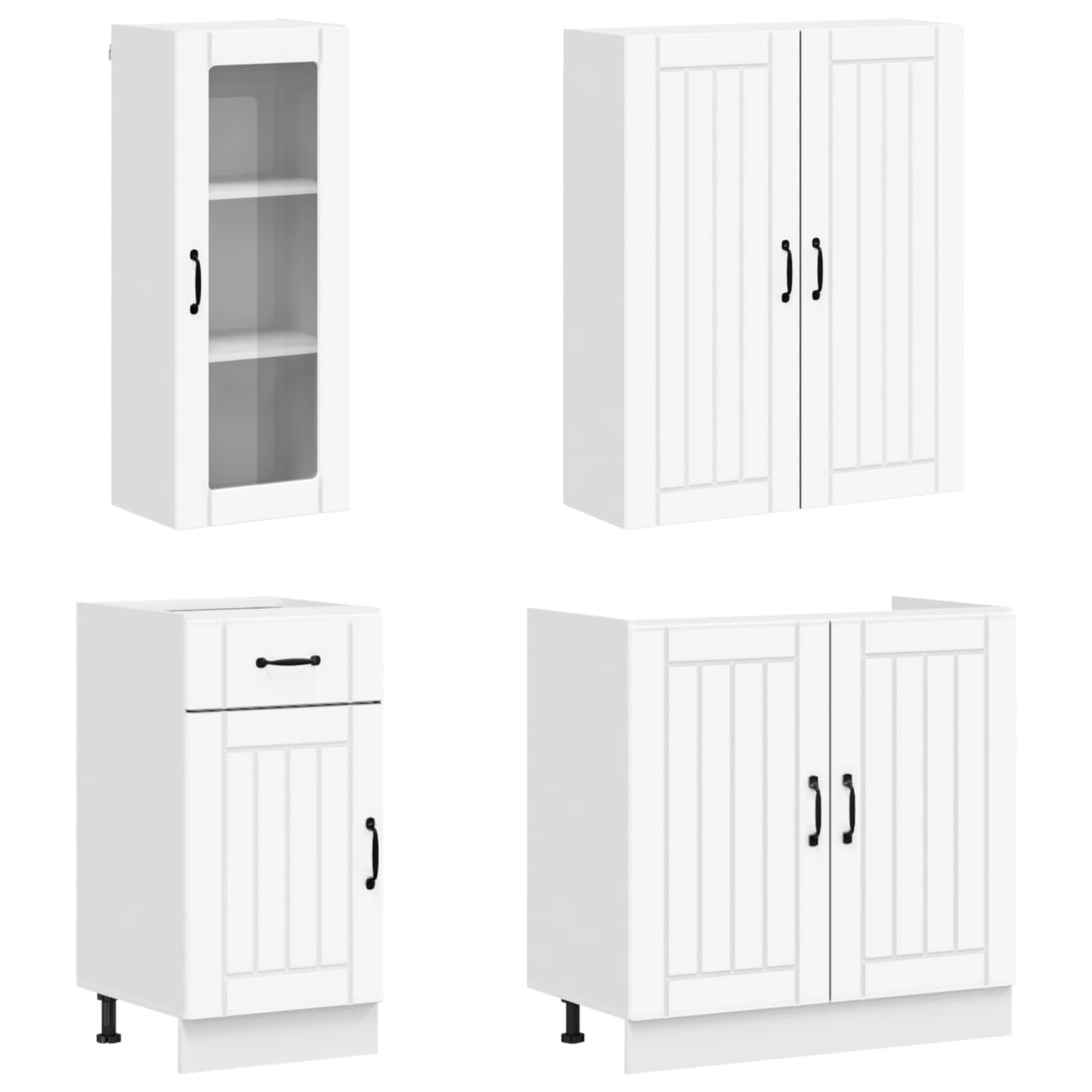 Lucca Meuble de cuisine 8 pièces en bois blanc avec armoire basse, armoire suspendue, armoire haute et armoire pharmacie, beaucoup d'espace de rangement, tiroir, étagère, porte, plan de