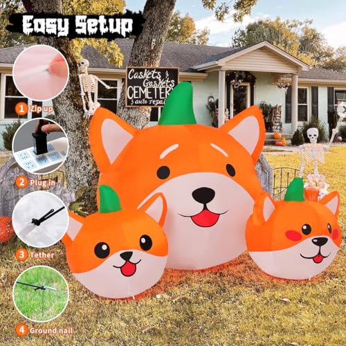 Image of GOOSH 5 FT Halloween Inflatables Ghost and 5 FT Long Halloween Inflatables Three Pumpkin Dog Head