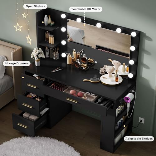 DWVO Vanity Desk with Mirror, Large Makeup Table with Power Outlets, 11 LED Bulbs, 3 Adjustable Light Modes, 4 Drawers and Built-in Shelves, Hollywood Dressing Vanity Desk Set for Bedroom, Black