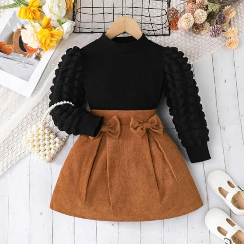 Image of Noubeau Toddler Girls Plaid Outfits Girls Puff Sleeve Knit Ribbed Shirt Tops Plaid Skirt Set Kids Fall Winter Clothes