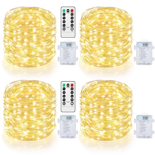 Mlambert 4-Pack 160FT 480LED Fairy Lights Battery Operated with Remote & Timer, Waterproof Twinkle Light 8 Modes for Indoor Outdoor Decor, Warm White