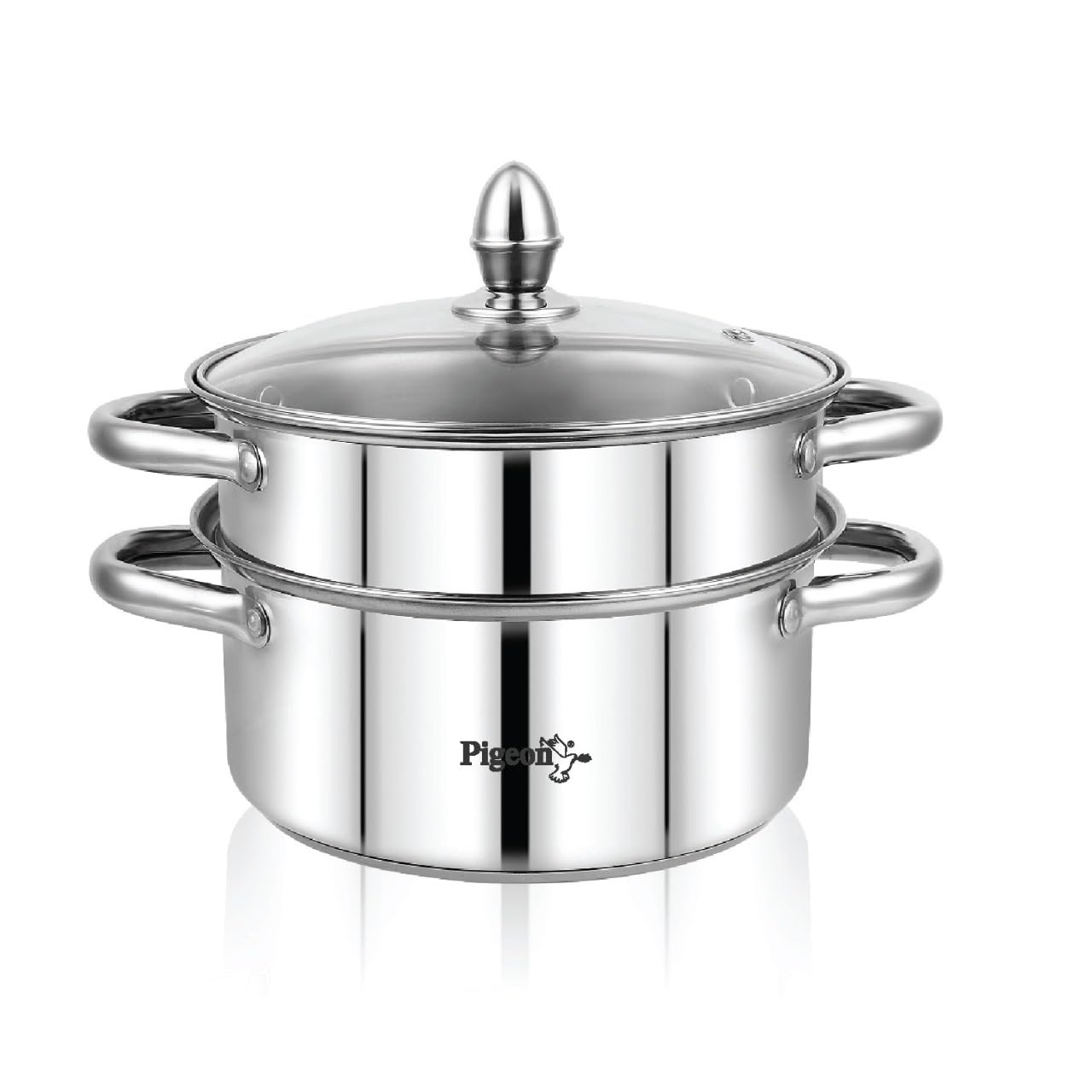 Pigeon Elantra Stainless Steel 2 Tier Steamer Pot Set with Glass Lid | Pasta,Momo/Modak Maker,Vegetable & Rice Steamer (20cm)|Capsulated Induction Bottom|ISI Certified