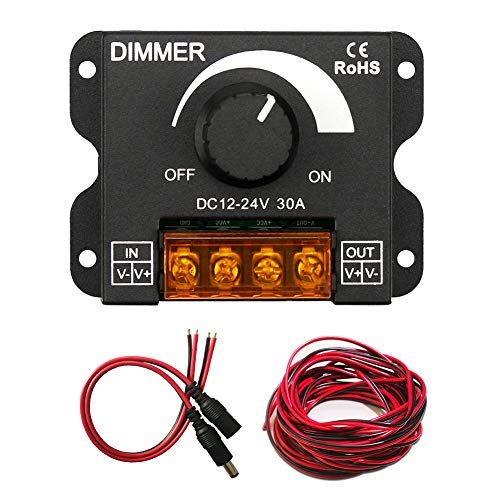 BeaBuy Upgraded LED Strip PWM Dimmer DC 12V-24V 30A Dimming Controller Adjust Brightness Switch + 5M 22AWG Extension Cable + DC Power 12V Male Female Connector for 2835 3528 5050 5630 Single Color