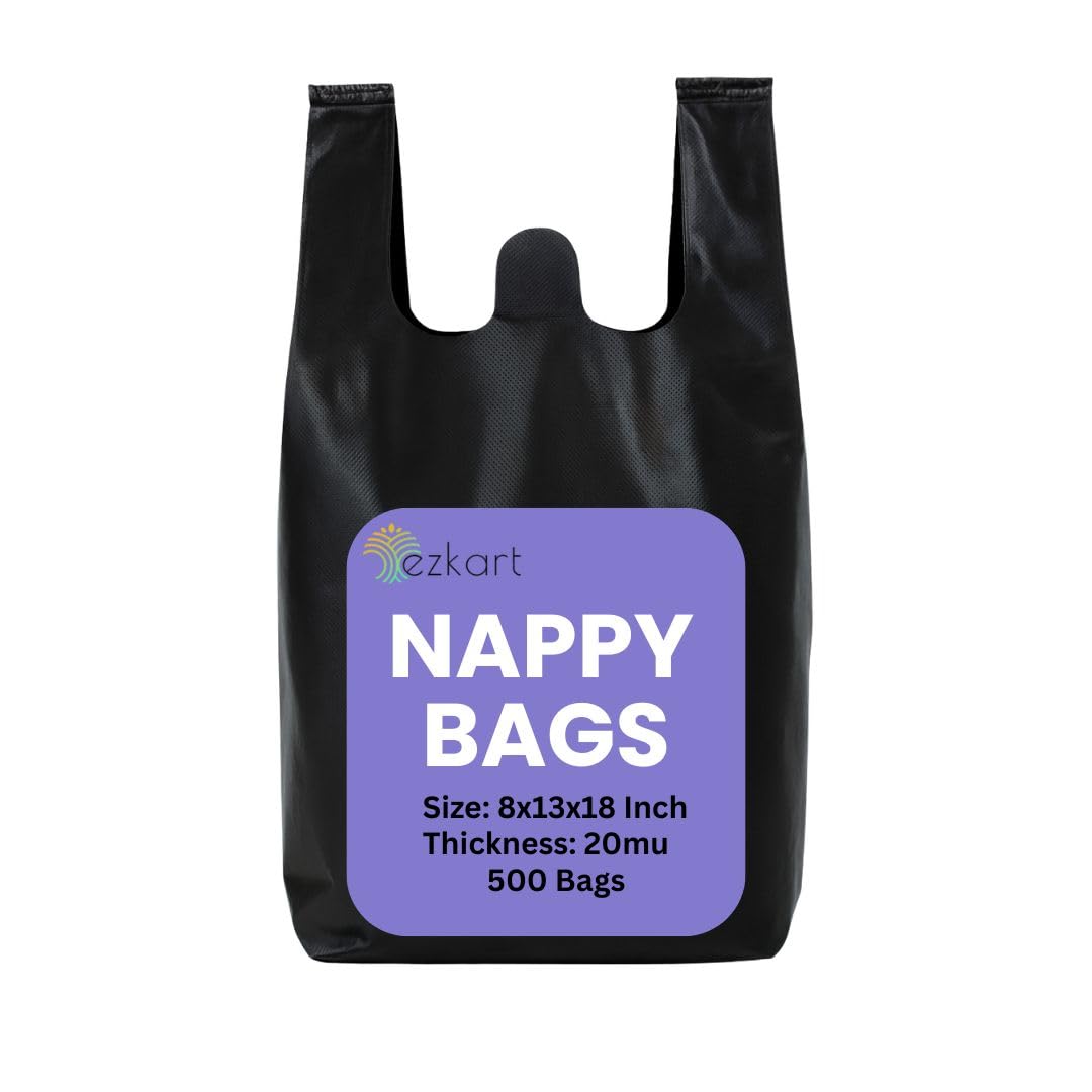 ezkart Pack of 500 - Black Strong Plastic Nappy Bags with a Comfortable Grip| Heavy Duty for Multi-Purpose Uses, Durable Sanitary Disposal Bag, 100% Leak Proof (Black-200pk, 8x13x18 Inch-20mu)