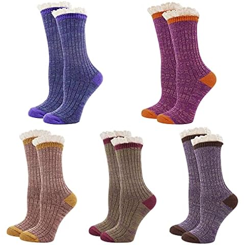 Bellady Womens Lady's 5 Pack Crochet Lace Trim Cotton Knit Crew Socks - purple - One Size Cover