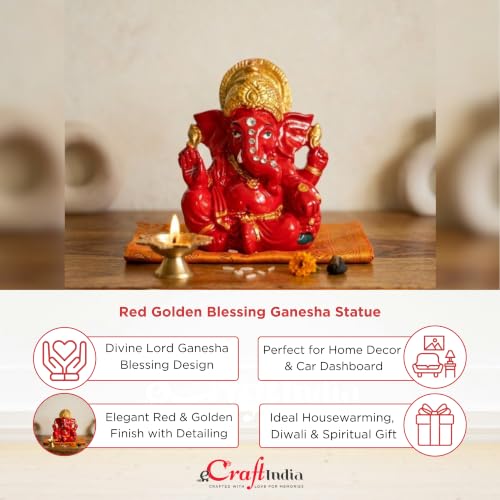 Image of eCraftIndia Red Golden Blessing Ganesha Statue | Lord Ganesha Idol for Home Decor Car Dashboard | Ganesh Ganpati Murti Gift for Diwali Housewarming Birthday