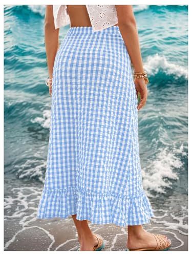 SHENHE Women's Gingham Skirt Long Ruffle Hem A Line High Waist Plaid Maxi Skirt2