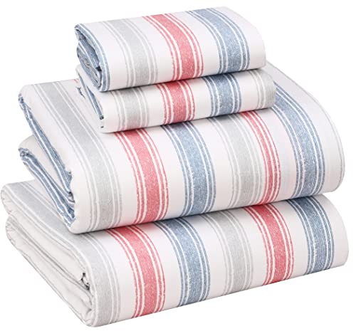 RUVANTI 100% Cotton Sheets Queen Size Set, 4 Pieces, Soft & Breathable Percale Weave Bedding, Deep Pocket 16", Hotel Standard, Crisp Cool Feeling, Durable, Perfect Striped Bed Sheet, Times