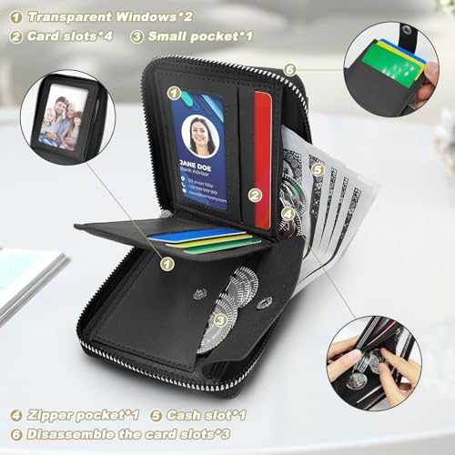 Men Wallets, Short Zipper Wallets with External Card Slots Coin Pocket ID Window, Leather Wallets for Men (Black)4