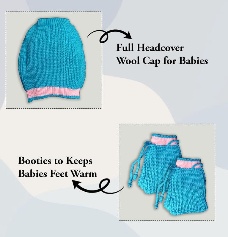 Image of Baby Unisex New Born Baby Boys Girls Soft Comfortable Trendy Woolen Round Neck Stripe Sweater Set with Payjami, Cap and Pair of Booties for Toddlers