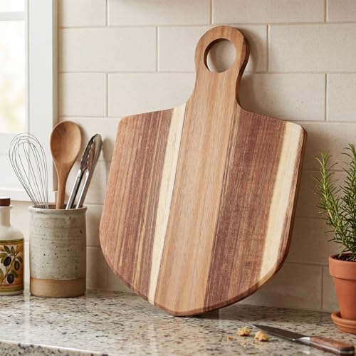 Image of 1 Pcs Acacia Wood Cutting Board with Handle 20 x 14'' Fan Charcuterie Chopping Board for Pizza Cheese Meat Decorative Natural Wooden Serving Tray for Kitchen and Dining Room