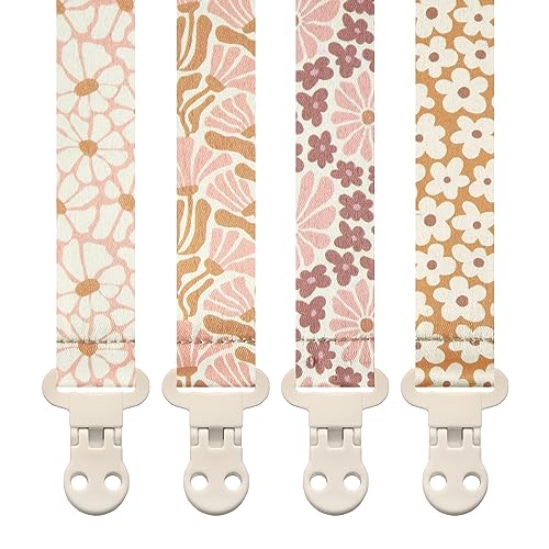 Image of Stadela Baby Pacifier Clip Holder - Girl 4 Pack Gift Set – Boho Modern Pink and Beige Flowers Floral (Nolana)