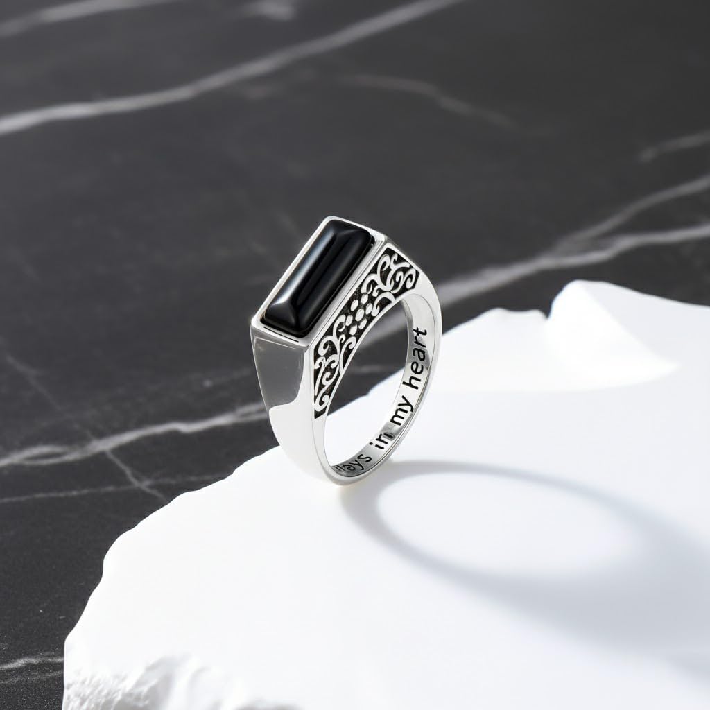 Black Onyx Urn Ring for Ashes 925 Sterling Silver Vintage Cremation Keepsake Signet Rings Always in My Heart Memorial Jewelry for Men Women, Size 5 to 13.5
